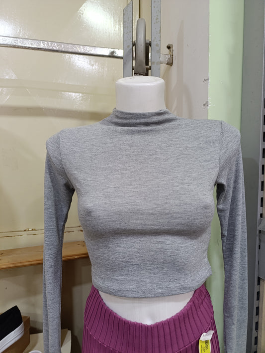 Maglia Crop Donna Grigia Collo Alto Maniche Lunghe in cotone leggero