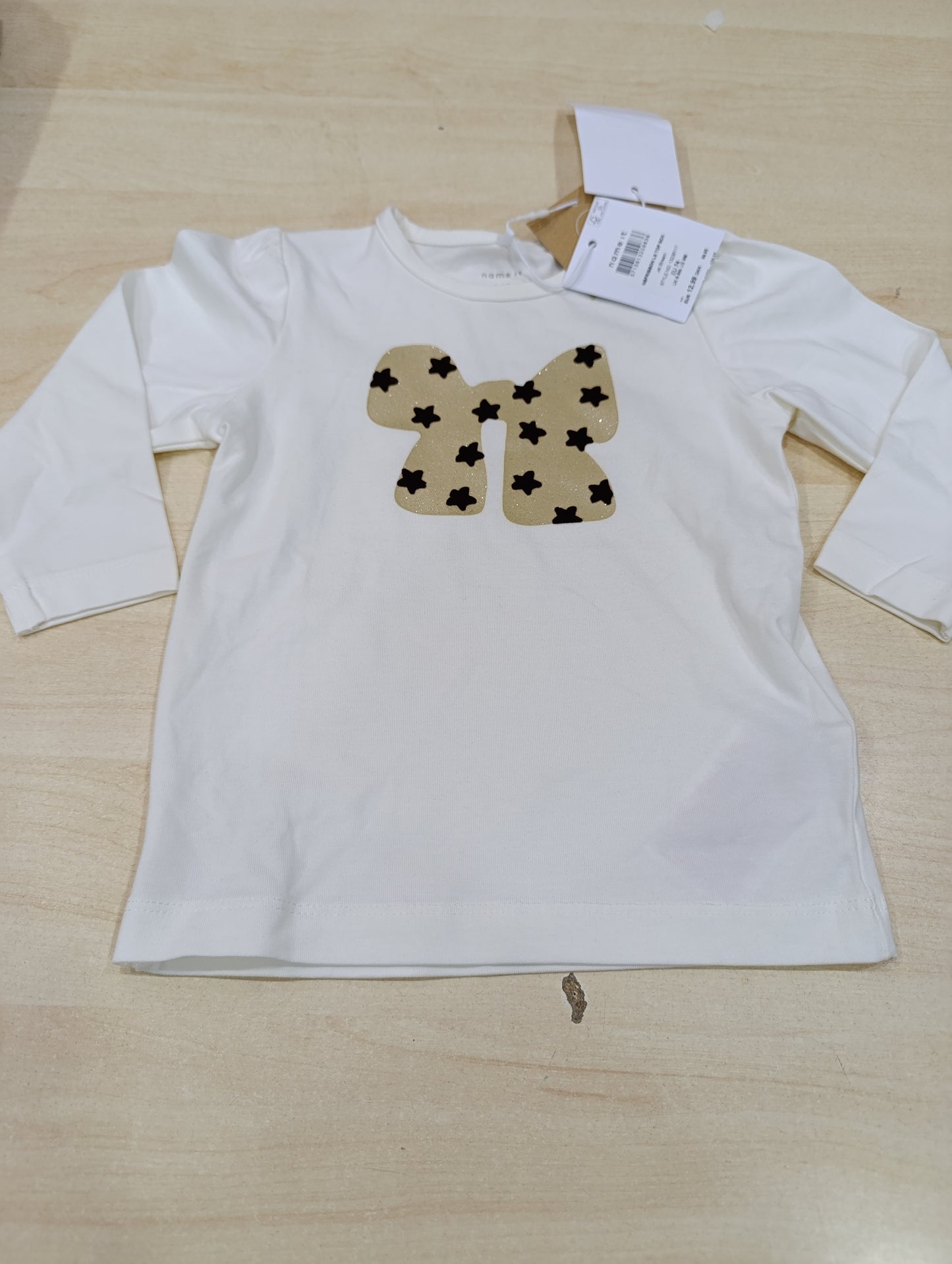 Maglietta Name It Bimba 6-9 Mesi Fiocco Glitter Oro | Nuova con Cartellino