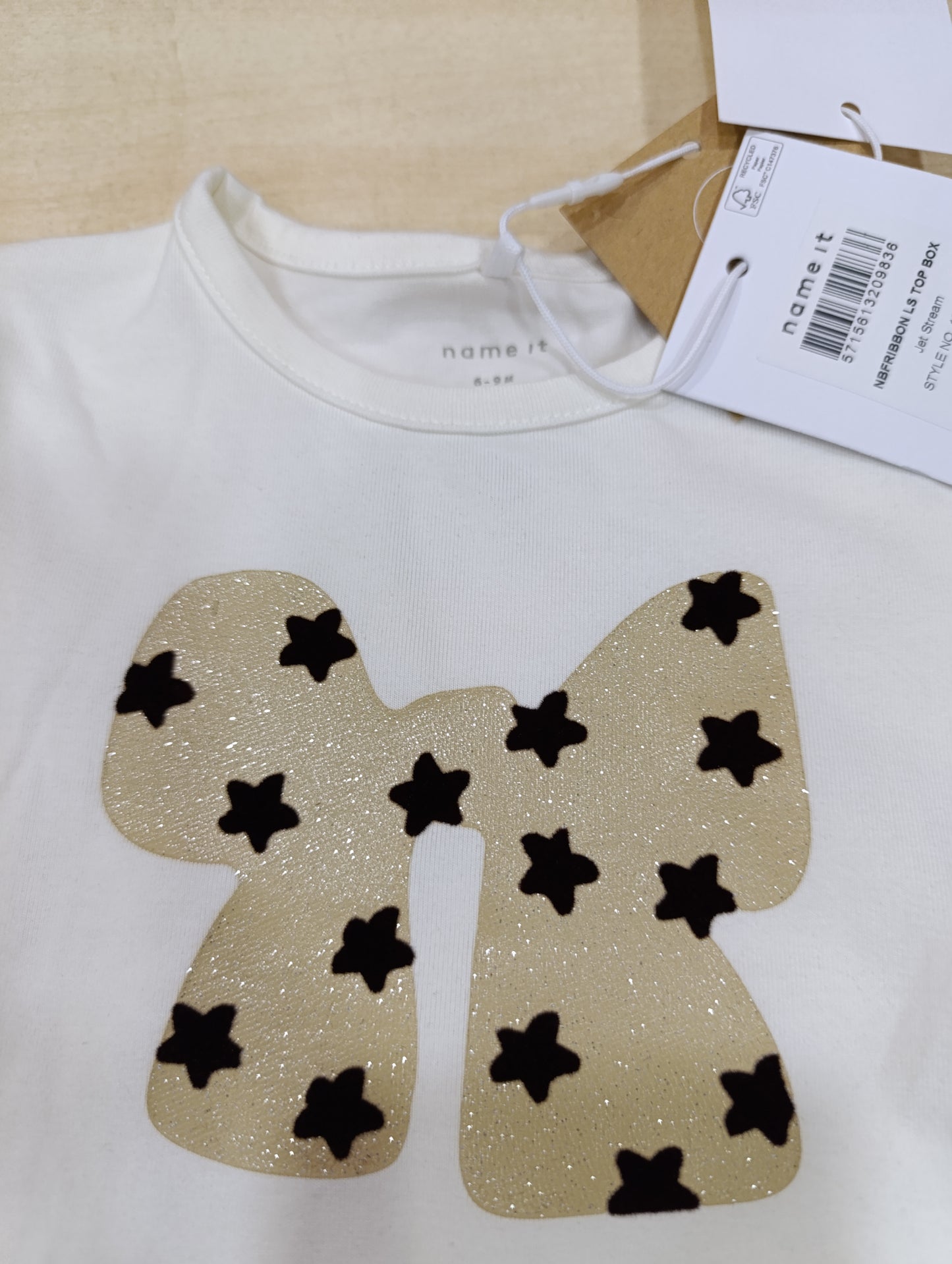 Maglietta Name It Bimba 6-9 Mesi Fiocco Glitter Oro | Nuova con Cartellino
