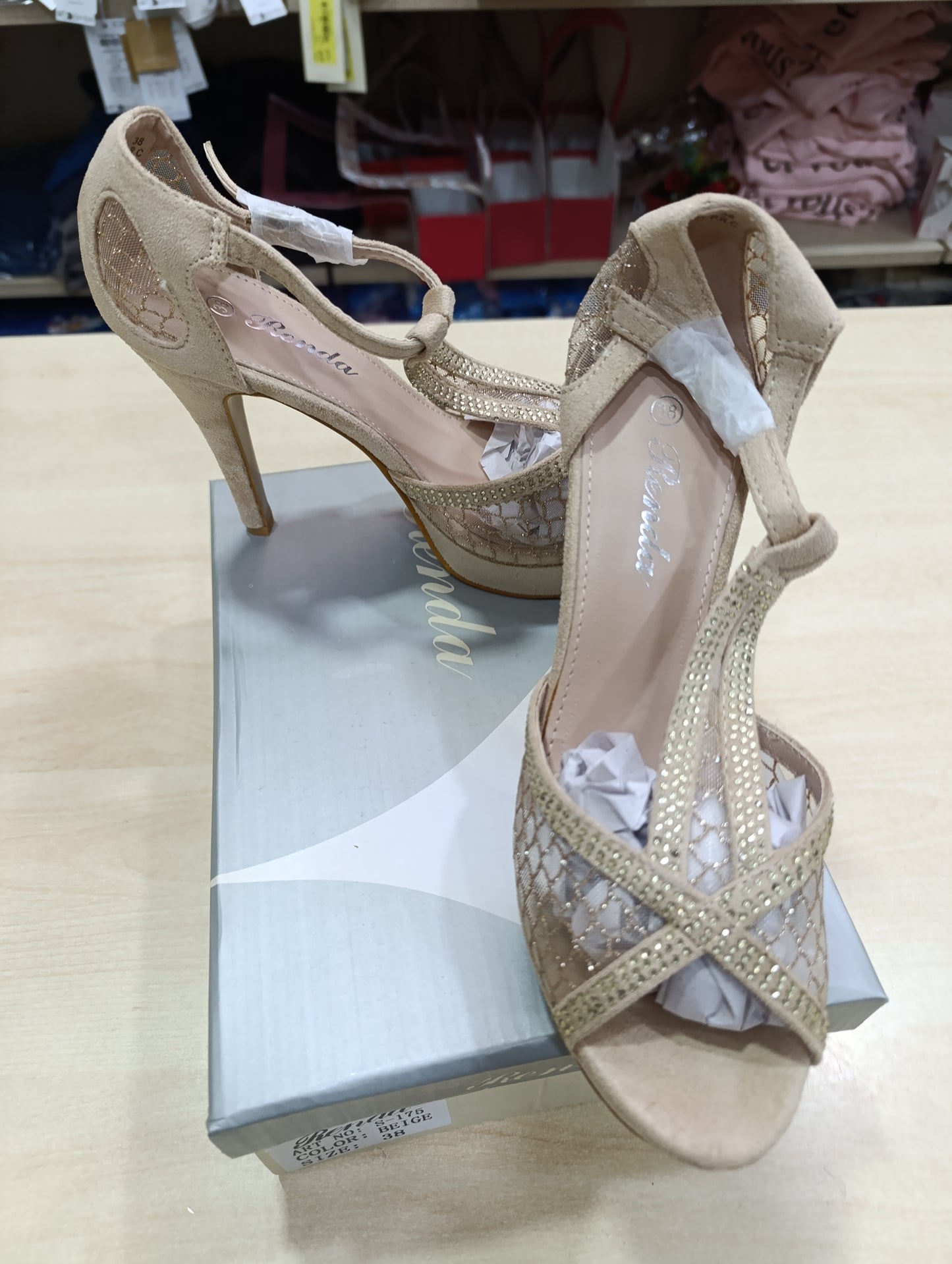 Sandali Tacco Alto Donna 38 Beige Strass | Ronda | Nuovi con Scatola