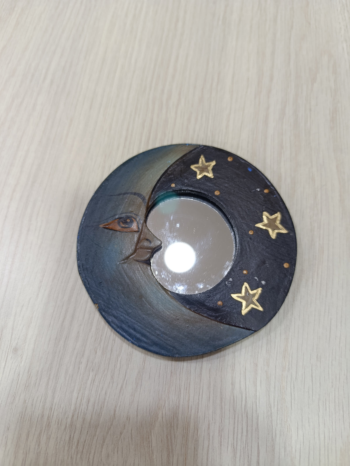 Specchio da Parete in Legno - Luna e Stelle - Specchietto Rotondo Decorativo Etnico