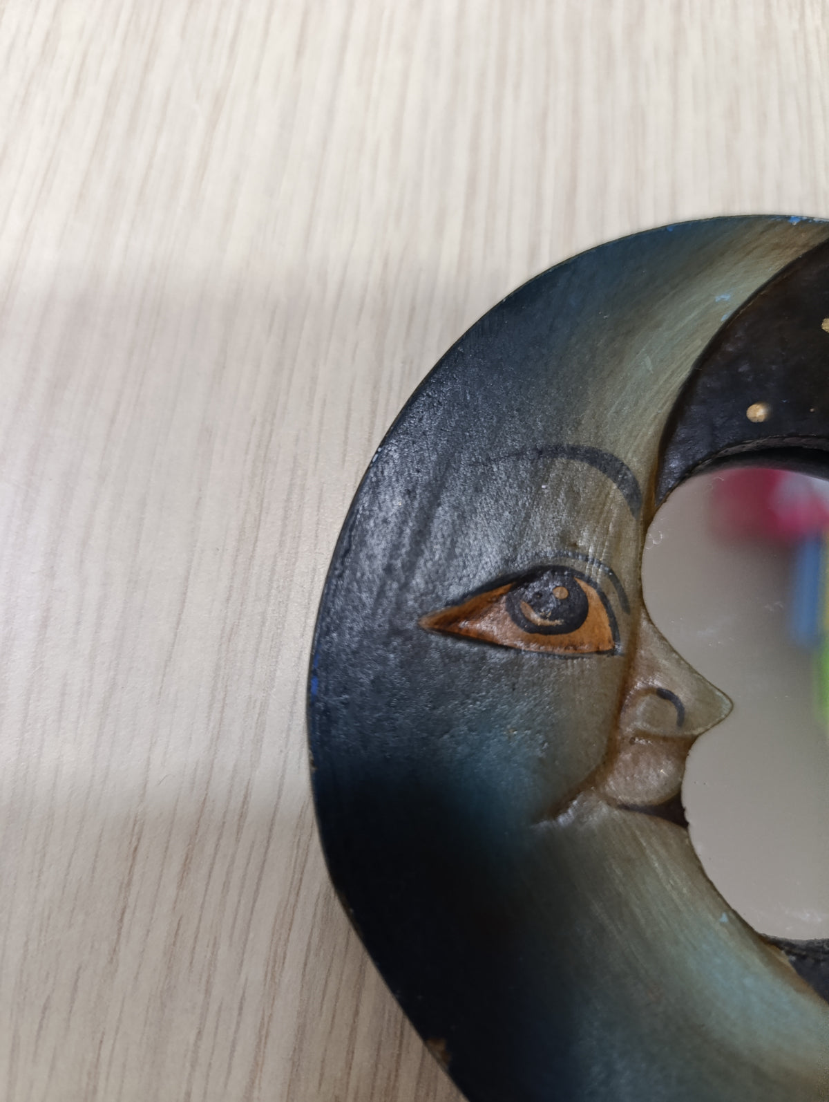 Specchio da Parete in Legno - Luna e Stelle - Specchietto Rotondo Decorativo Etnico